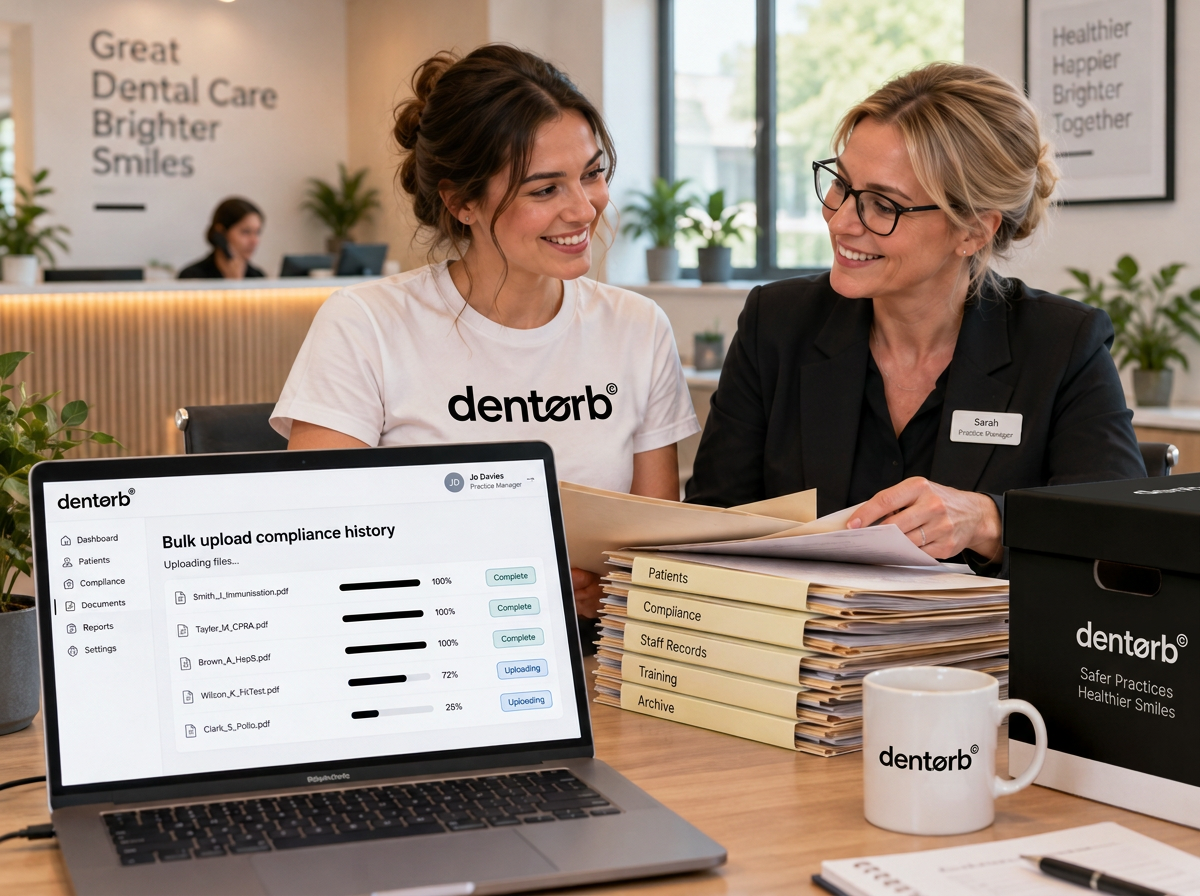 A Dentorb onboarding specialist in a Dentorb t-shirt helping a practice manager at the reception desk organise paper files while compliance history uploads into Dentorb