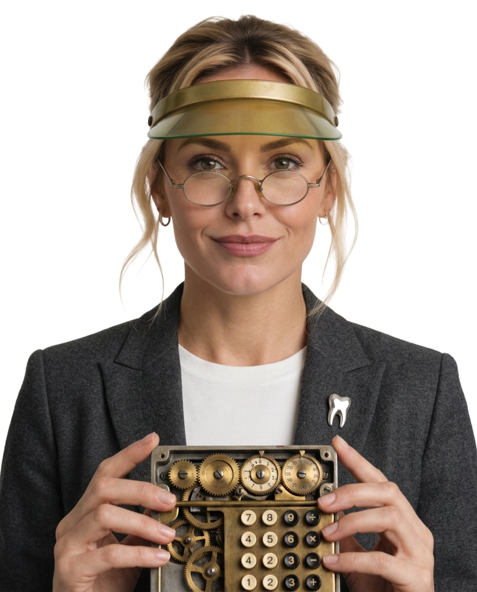 Practice owner in a blazer wearing an accountant's visor