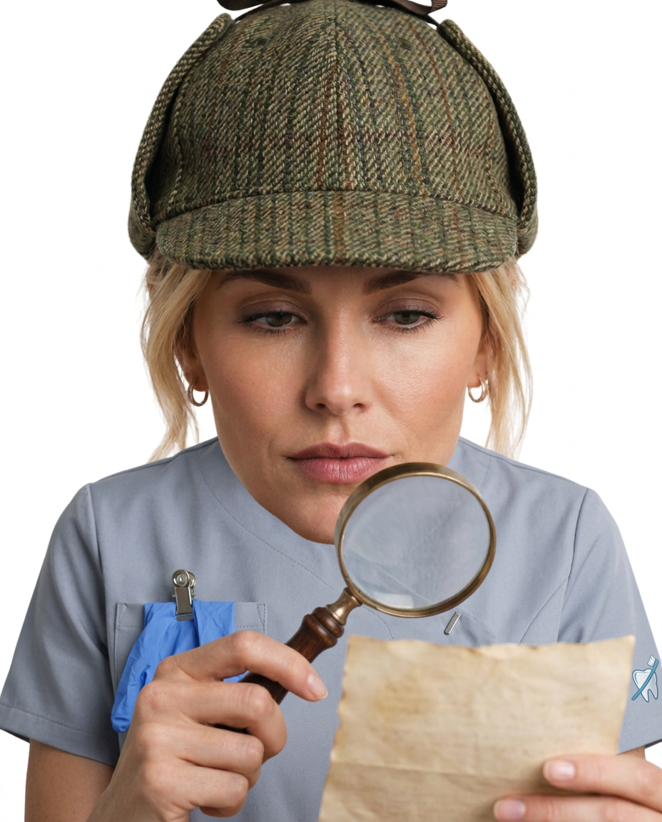 Practice cleaner in a clinical tunic and detective hat checking compliance