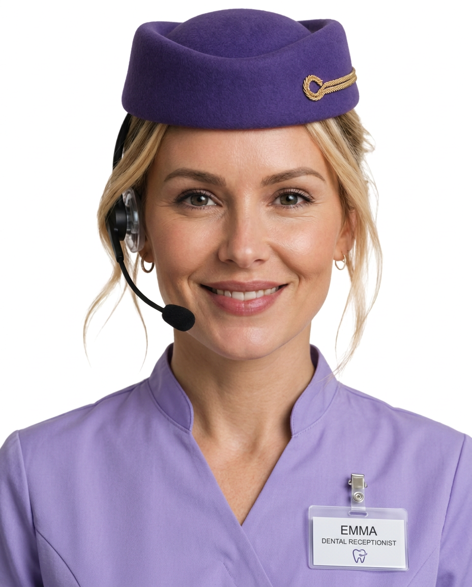 Dental receptionist in lavender scrubs wearing a headset
