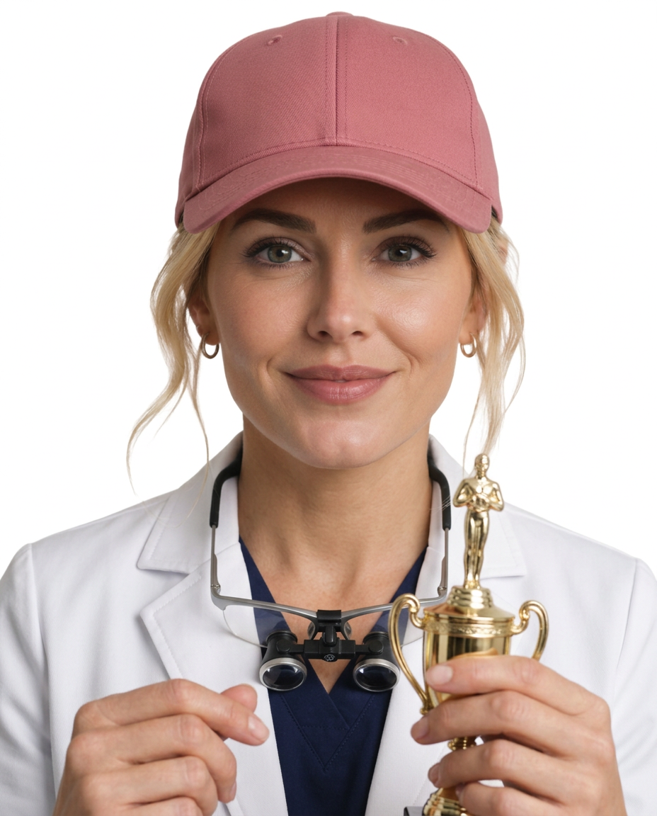 Dentist in a white coat and cap holding a trophy