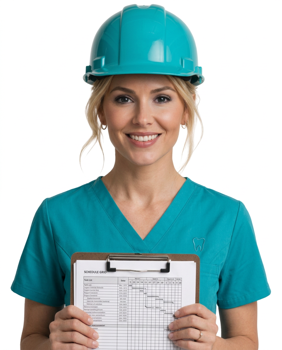 Dental nurse in teal scrubs wearing a rota hard hat